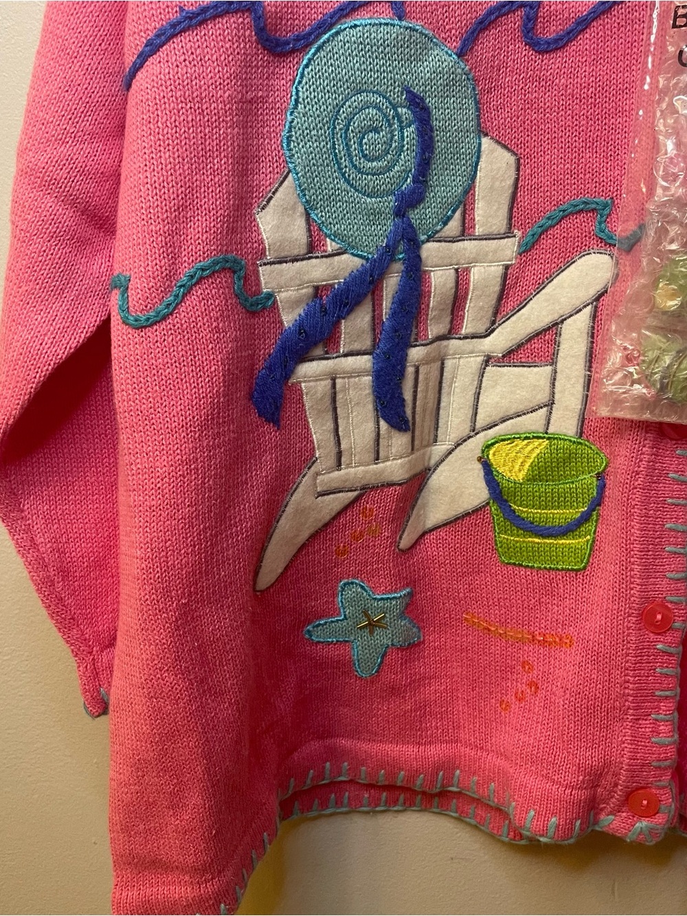 The Quacker Factory Novelty Embroidered Beach Pink Button Up Sweater NWT - Picture 5 of 9
